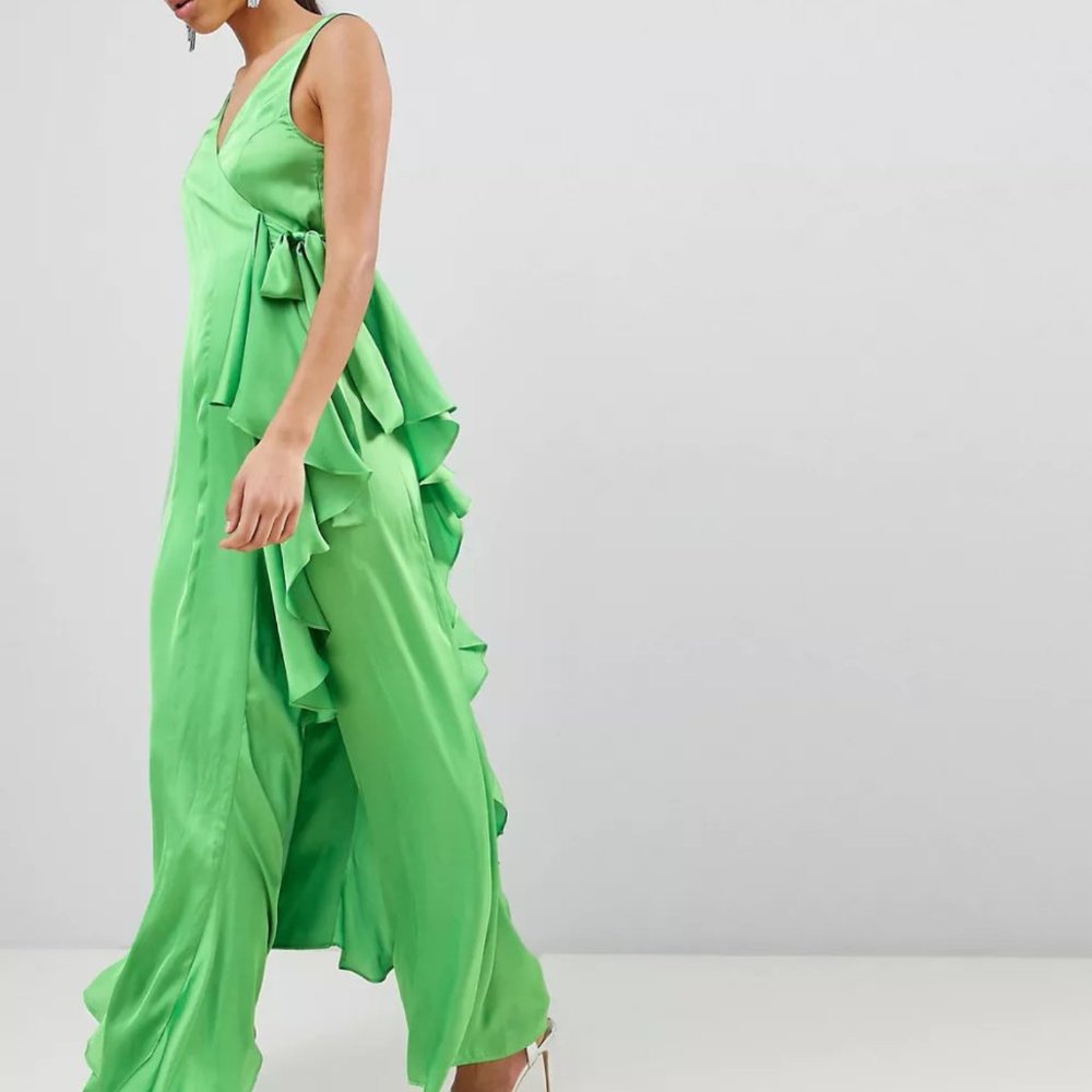 Satin Green Jumpsuit Waterfall Wrap Maxi Dress SM